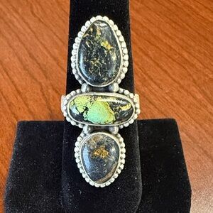 New 925 Matte Sterling Silver Black Jack Turquoise 3 Stone Ring Adjustable